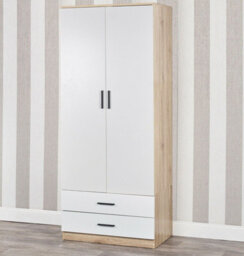 Urbnliving 180Cm Tall 2 Door Wardrobe Oak Carcass And White Drawers With 2 Drawers Bedroom Storage Hanging Bar Clothes - thumbnail 2