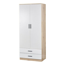 Urbnliving 180Cm Tall 2 Door Wardrobe Oak Carcass And White Drawers With 2 Drawers Bedroom Storage Hanging Bar Clothes - thumbnail 1