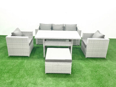 Fimous Garden Dining Set Outdoor Rattan Furniture Set Sofa Dining Table 2 Chairs Big Stool Light Grey - image 1