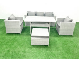Fimous Garden Dining Set Outdoor Rattan Furniture Set Sofa Dining Table 2 Chairs Big Stool Light Grey - thumbnail 2