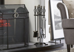 Fire34 Pewter And Black Scroll Top 5 Piece Fireplace Companion Set With Poker, Brush, Shovel And Tongs For Open Fires & Stoves - thumbnail 3