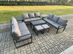 Fimous Aluminium 11 Seater Outdoor Garden Furniture Set Lounge Sofa Oblong Coffee Table Sets With Cushions Dark Grey - thumbnail 1