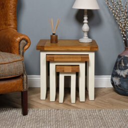 Elm Home And Garden Painted Cream Wooden Oak Nest Of Three 3 Tables Side Lamp End 50Cm High X 54Cm Wide X 37Cm Deep Fully Assemble - thumbnail 2