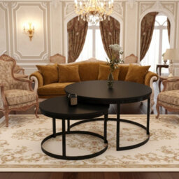 Okin 2 Piece Coffee Table Set Modern Metal Base With Durable Laminated Pvc Tops Large Small Duo Legs Black Tabletop Black