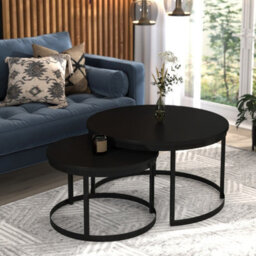 Okin 2 Piece Coffee Table Set Modern Metal Base With Durable Laminated Pvc Tops Large Small Duo Legs Black Tabletop Black - thumbnail 2