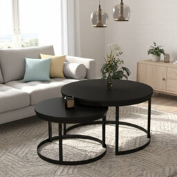 Okin 2 Piece Coffee Table Set Modern Metal Base With Durable Laminated Pvc Tops Large Small Duo Legs Black Tabletop Black - thumbnail 3