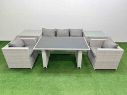 Fimous Patio Garden Furniture Sets With Black Glass Top Dining Table Armchair 3 Seater Sofa 2 Side Tables Light Grey - thumbnail 2