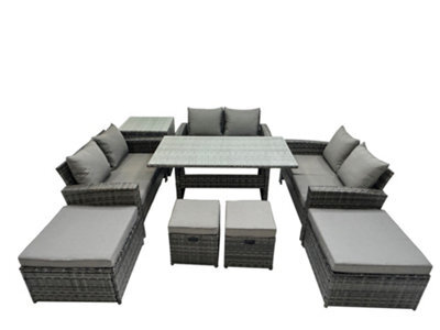 Fimous 10 Seater Wicker Pe Rattan Furniture Outdoor Dining Table Double Seat Sofa Side Table 4 Stools Set Dark Grey Mixed - image 1