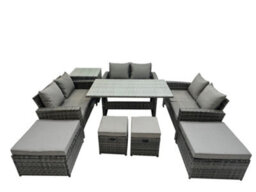 Fimous 10 Seater Wicker Pe Rattan Furniture Outdoor Dining Table Double Seat Sofa Side Table 4 Stools Set Dark Grey Mixed - thumbnail 1