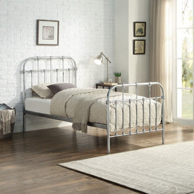 OAT Home Camden Distressed Silver Steel Effect Victorian Hospital Metal Single Bed Frame - image 1