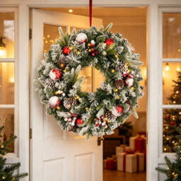 Amorly 19 Inch Pre-Lit Artificial Christmas Wreath, Frosted Wonderland Christmas Wreaths For Front Door, Battery Powered Holiday Decor - thumbnail 1