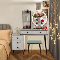 Costway Dressing Table Vanity Set Makeup Stool Led Light W/ 3-Drawer Chest & Charging Station - thumbnail 9