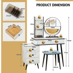 Costway Dressing Table Vanity Set Makeup Stool Led Light W/ 3-Drawer Chest & Charging Station - thumbnail 3