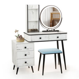 Costway Dressing Table Vanity Set Makeup Stool Led Light W/ 3-Drawer Chest & Charging Station - thumbnail 2