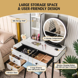 Costway Dressing Table Vanity Set Makeup Stool Led Light W/ 3-Drawer Chest & Charging Station - thumbnail 6