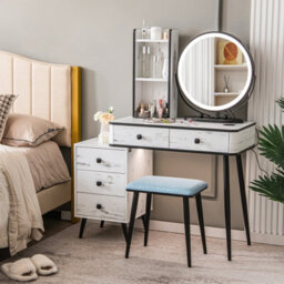 Costway Dressing Table Vanity Set Makeup Stool Led Light W/ 3-Drawer Chest & Charging Station