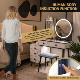 Costway Dressing Table Vanity Set Makeup Stool Led Light W/ 3-Drawer Chest & Charging Station - thumbnail 5