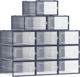 Songmics Set Of 12 Shoe Holders, Stackable Shoe Organizers Boxes, Foldable And Multifunctional, Transparent & Charcoal Blue - thumbnail 7