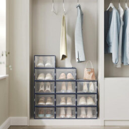 Songmics Set Of 12 Shoe Holders, Stackable Shoe Organizers Boxes, Foldable And Multifunctional, Transparent & Charcoal Blue
