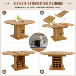 Abrihome Natural Brown Extendable Folding Dining Table With Wine Rack & Storage, Space-Saving - thumbnail 4