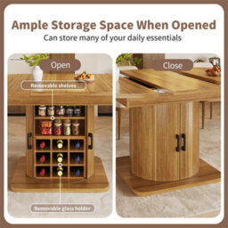 Abrihome Natural Brown Extendable Folding Dining Table With Wine Rack & Storage, Space-Saving - thumbnail 3