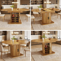 Abrihome Natural Brown Extendable Folding Dining Table With Wine Rack & Storage, Space-Saving - thumbnail 1