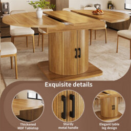 Abrihome Natural Brown Extendable Folding Dining Table With Wine Rack & Storage, Space-Saving - thumbnail 2