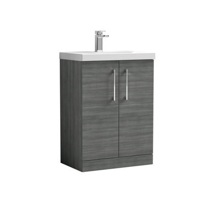 Balterley Contemporary Bathroom Floor Standing 2 Soft-Close Door Vanity Unit & Mid-Edge Ceramic Basin, Anthracite Woodgrain, 600mm - image 1