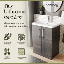 Balterley Contemporary Bathroom Floor Standing 2 Soft-Close Door Vanity Unit & Mid-Edge Ceramic Basin, Anthracite Woodgrain, 600mm - thumbnail 7