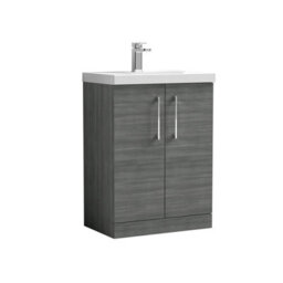 Balterley Contemporary Bathroom Floor Standing 2 Soft-Close Door Vanity Unit & Mid-Edge Ceramic Basin, Anthracite Woodgrain, 600mm - thumbnail 1