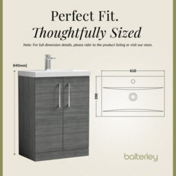 Balterley Contemporary Bathroom Floor Standing 2 Soft-Close Door Vanity Unit & Mid-Edge Ceramic Basin, Anthracite Woodgrain, 600mm - thumbnail 5