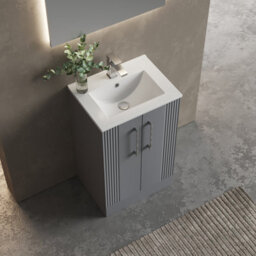 Balterley Belvide Partial Fluted 2 Door Floor Standing Vanity Unit With 1 Tap Hole Minimalist Basin - 500mm - Satin Grey - thumbnail 3