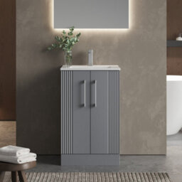 Balterley Belvide Partial Fluted 2 Door Floor Standing Vanity Unit With 1 Tap Hole Minimalist Basin - 500mm - Satin Grey - thumbnail 2