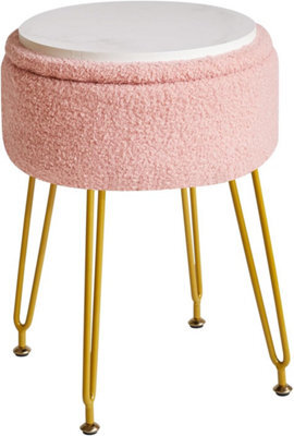 Oira Makeup Vanity Stool, Teddy Velvet Storage Ottoman, Pink Footrest Side Table Removable Cover Golden - image 1