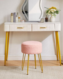 Oira Makeup Vanity Stool, Teddy Velvet Storage Ottoman, Pink Footrest Side Table Removable Cover Golden - thumbnail 2