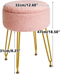 Oira Makeup Vanity Stool, Teddy Velvet Storage Ottoman, Pink Footrest Side Table Removable Cover Golden - thumbnail 3
