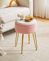 Oira Makeup Vanity Stool, Teddy Velvet Storage Ottoman, Pink Footrest Side Table Removable Cover Golden - thumbnail 6