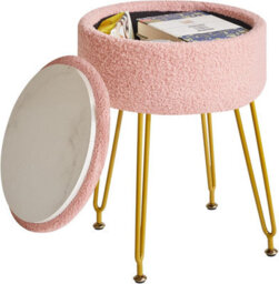 Oira Makeup Vanity Stool, Teddy Velvet Storage Ottoman, Pink Footrest Side Table Removable Cover Golden - thumbnail 4