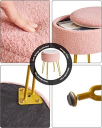 Oira Makeup Vanity Stool, Teddy Velvet Storage Ottoman, Pink Footrest Side Table Removable Cover Golden - thumbnail 7