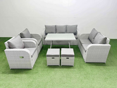 Fimous Pe Rattan Garden Furniture Set Outdoor Rectangular Dining Table Sofa Set With Reclining Chair 2 Small Stool Light Grey - image 1