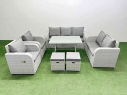 Fimous Pe Rattan Garden Furniture Set Outdoor Rectangular Dining Table Sofa Set With Reclining Chair 2 Small Stool Light Grey - thumbnail 2