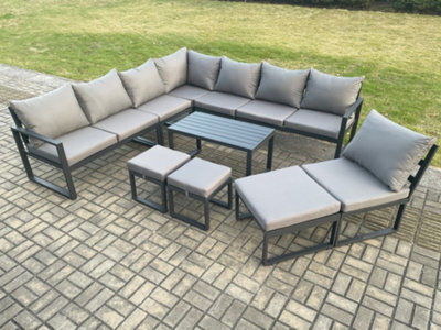 Fimous Aluminium 11 Seater Patio Outdoor Garden Furniture Lounge Corner Sofa Set With Oblong Coffee Table 3 Footstools