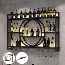 Industrial Wall-Mounted Wine Rack With Integrated Glass Holder - Black Metal Shelf