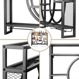 Industrial Wall-Mounted Wine Rack With Integrated Glass Holder - Black Metal Shelf - thumbnail 5