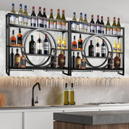 Industrial Wall-Mounted Wine Rack With Integrated Glass Holder - Black Metal Shelf - thumbnail 3
