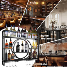 Industrial Wall-Mounted Wine Rack With Integrated Glass Holder - Black Metal Shelf - thumbnail 6