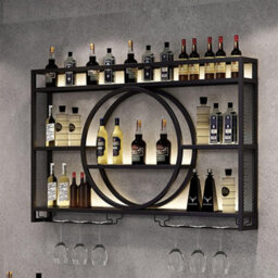 Industrial Wall-Mounted Wine Rack With Integrated Glass Holder - Black Metal Shelf - thumbnail 4