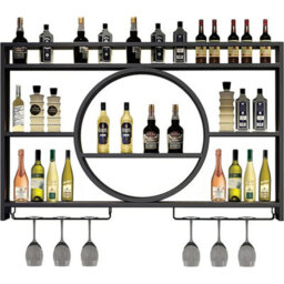 Industrial Wall-Mounted Wine Rack With Integrated Glass Holder - Black Metal Shelf - thumbnail 7
