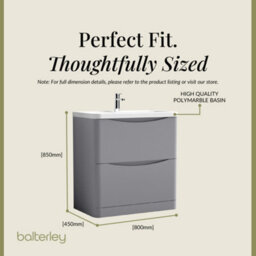 Balterley Dunwood Floor Standing 2 Drawer Bathroom Vanity Unit & Polymarble Basin, Satin Grey, 755mm - thumbnail 5