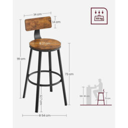 Bar Stools, Set Of 2 Tall Bar Chairs With Backrest, Kitchen Stools, Steel Frame, High Seat, Easy Assembly, Rustic Brown - thumbnail 9